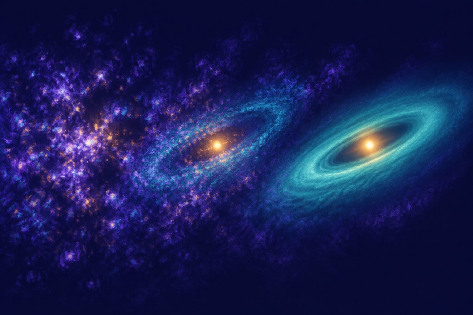 Conceptual artwork shows a bright star surrounded by a tilted, turquoise disk. Clustered violet and amber light obscures one side, while a clearer disk shape emerges on the other; faint areas remain hazy.