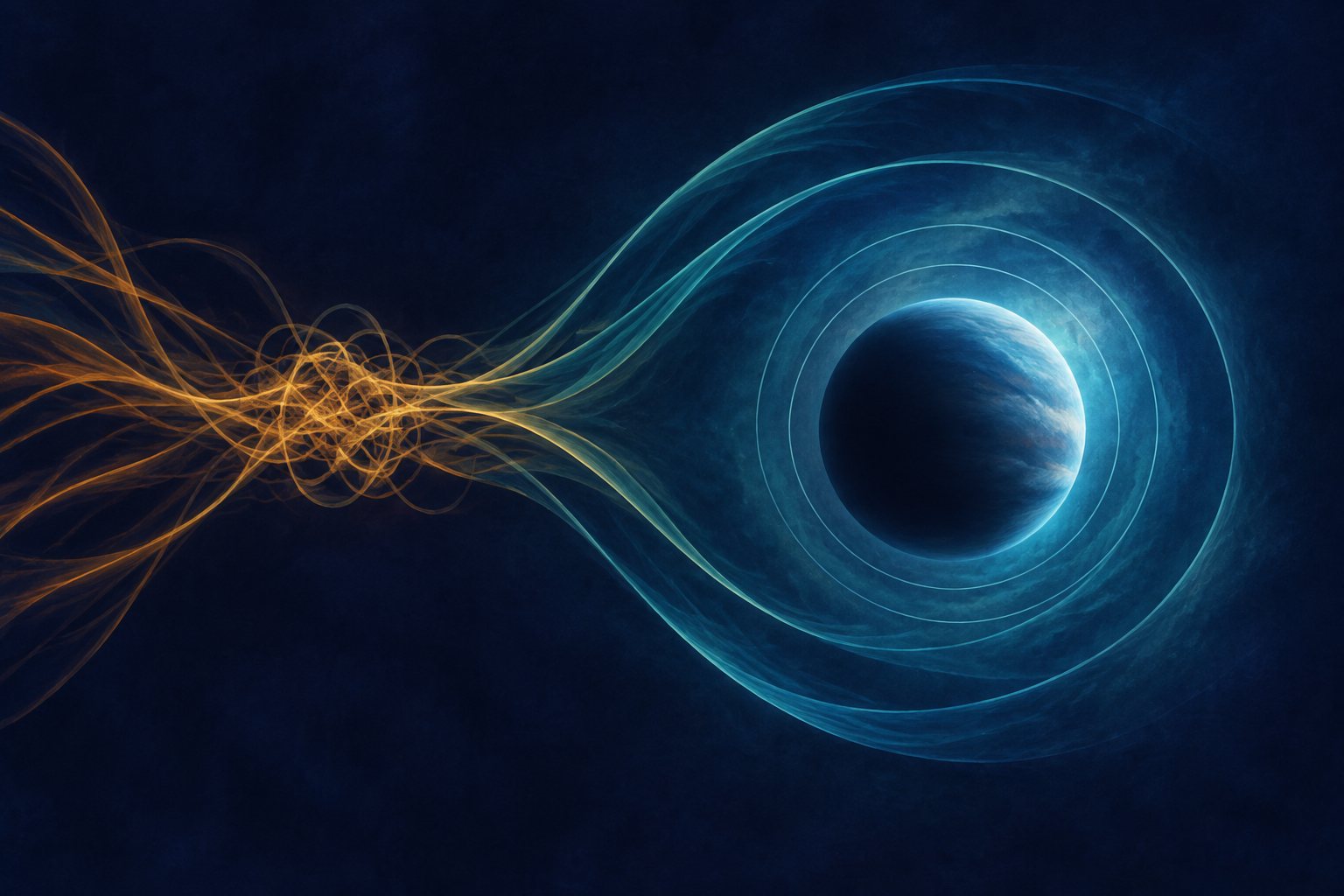 Conceptual illustration of amber ribbons tangled on the left and opening into teal arcs around a stylized planet on the right. Faint concentric outlines symbolize the planet-radius variable included in atmospheric inference. This is synthetic artwork, not an observed view.