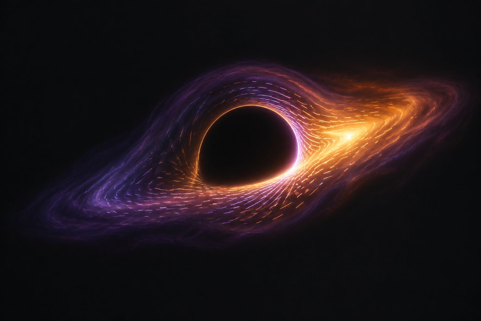 Conceptual artwork shows a dark central shadow surrounded by a tilted, translucent amber-and-violet glow. One side is brighter, and short luminous strokes change direction around the inner edge to symbolize polarization in a modeled accretion flow.