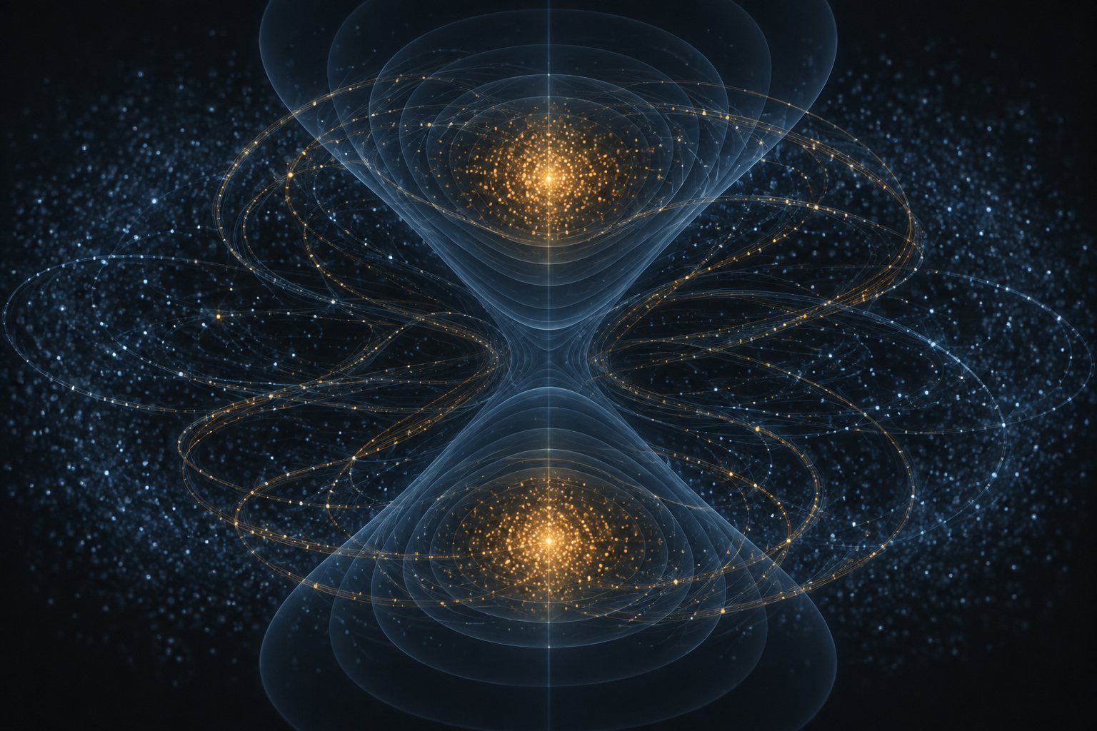 Conceptual illustration of a modeled particle gas, with a diffuse field of light points and two brighter concentrations above and below the center. Translucent contours suggest two potential wells, while interwoven ribbons symbolize phase-space mixing.