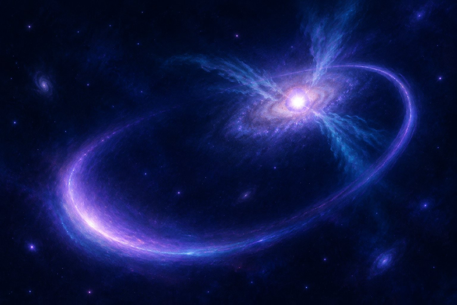 Conceptual artwork showing a brilliant supernova within a faint distant galaxy, with a curved ribbon of light symbolizing gravitational lensing and soft wisps representing galactic outflows.