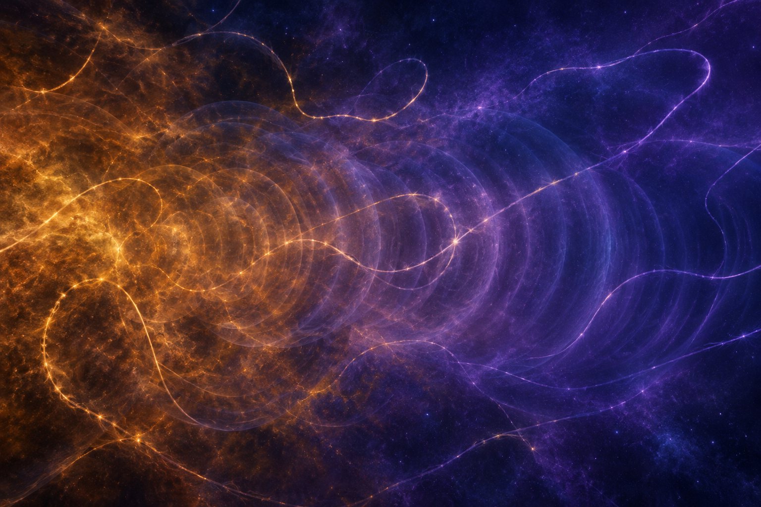 Conceptual illustration of glowing filaments and loops crossing a dark cosmic field, with overlapping translucent ripples. Amber tones fade into violet to symbolize a proposed change in the early universe's expansion history, not an observed scene.