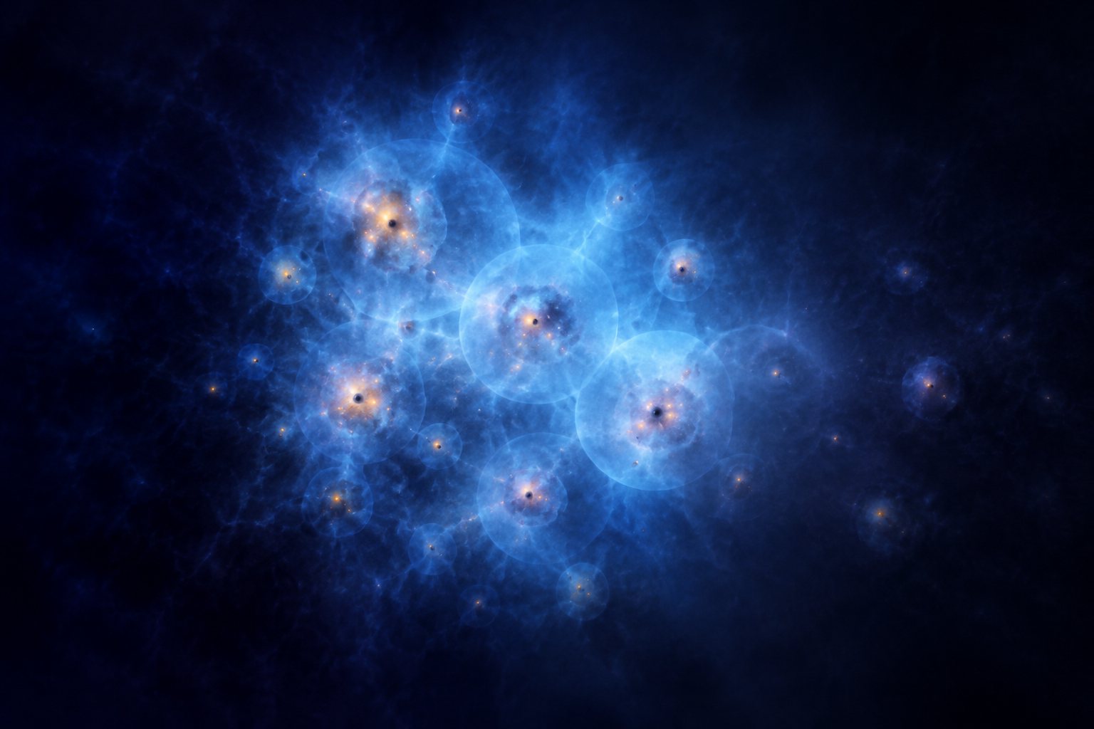 Conceptual panoramic artwork showing sparse glowing gas knots in a dark universe. A broad blue glow brightens the middle and fades back into darkness, symbolizing a possible temporary episode of early ionization followed by recombination.